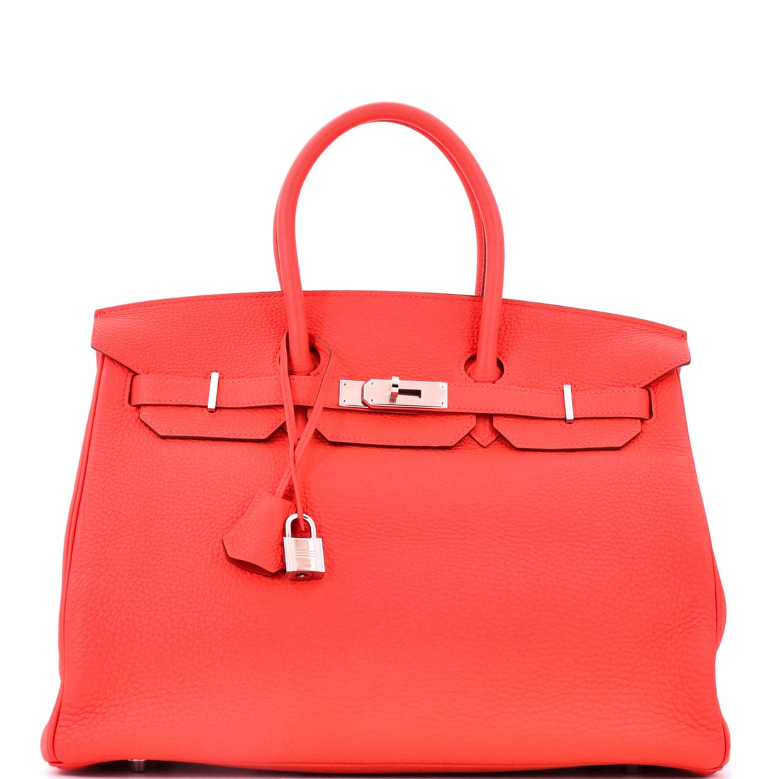 Hermes Birkin Handbag Orange Togo with Palladium Hardware: Orange Togo with palladium hardware in the 14 in Birkin - the house color at travel scale, 10 in high and 7 in deep. Togo is the leather that makes a bag this size practical. Shows as Grade D - Good. 