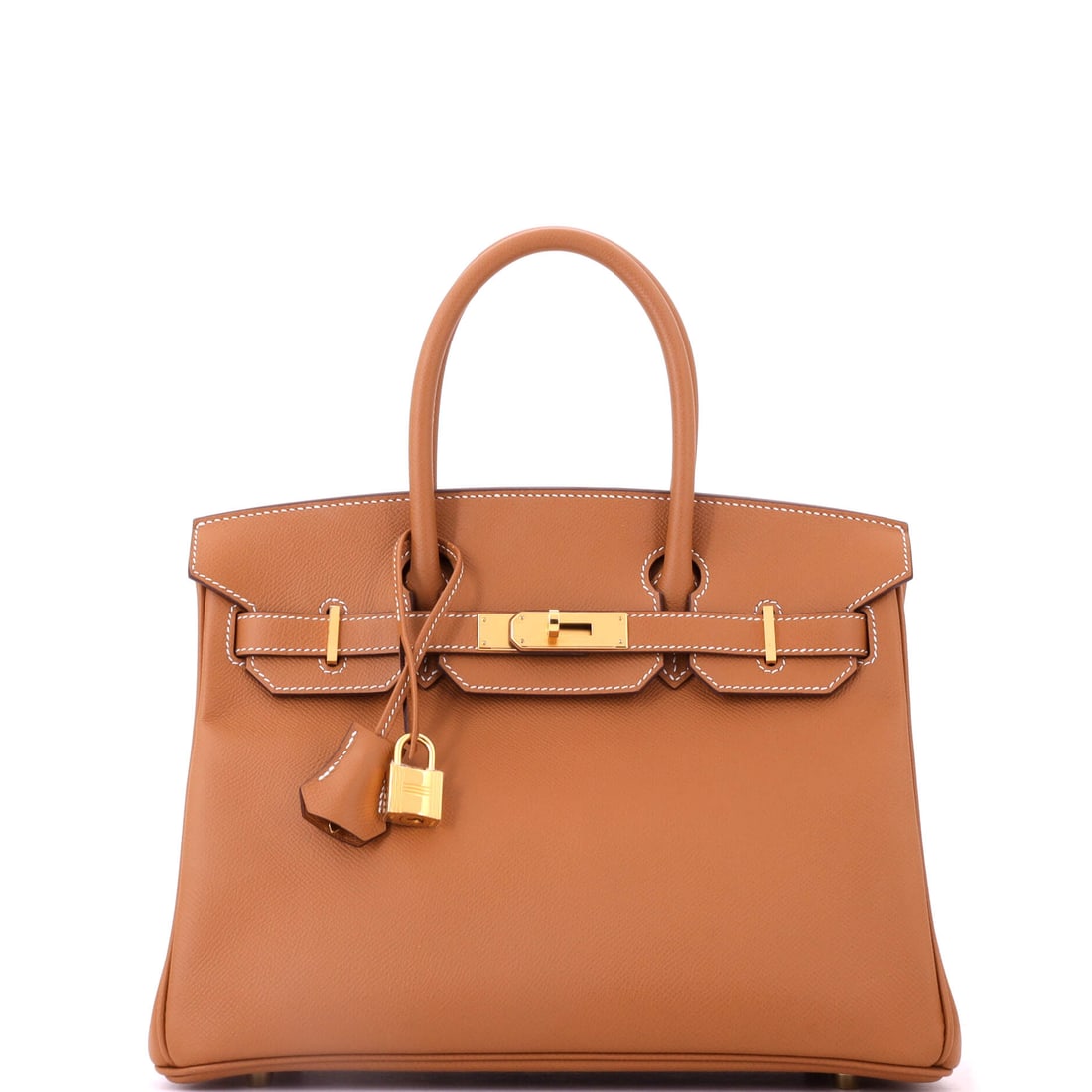 Hermes Birkin Handbag Brown Epsom with Gold Hardware: Brown Epsom with gold hardware at 11.5 in wide gives a Birkin sharper corners and a cleaner face than the Togo version of the same bag. Nine inches high, 6 deep. Grade B - Excellent. Maison de Beaubig