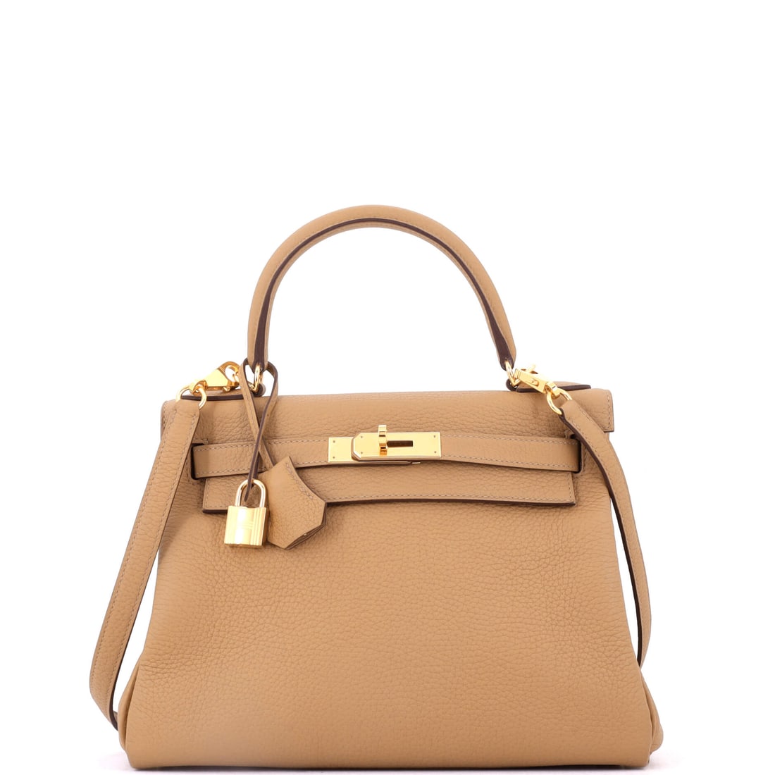 Hermes Kelly Handbag Brown Togo with Gold Hardware: The 11 in Kelly is the size that handles a real day rather than an evening, and Togo's grain is what makes that use realistic. Brown with gold hardware, 8.5 in high and 4 in deep. Grade B - Excellent.