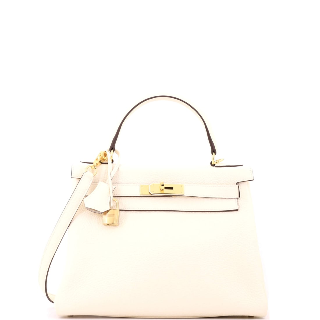 Hermes Kelly Handbag Light Togo with Gold Hardware: A light Togo Kelly with gold hardware in the 11 in body, 8.5 in high and 4 in deep. The pebbled grain does more to protect a pale color than a smooth finish would. Grade B - Excellent. Maison de Beaub