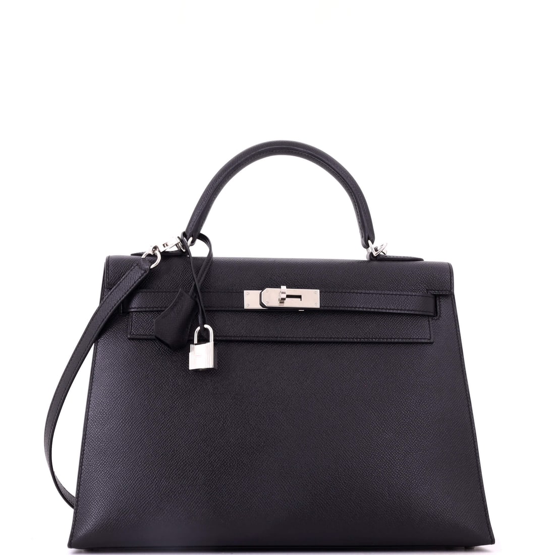 Hermes Kelly Handbag Black Epsom with Palladium Hardware: The wider 13 in Kelly with 4.5 in of depth carries flatter against the body than the standard proportions. Black Epsom with palladium hardware keeps it entirely cool-toned. Nine inches high. Grade C -