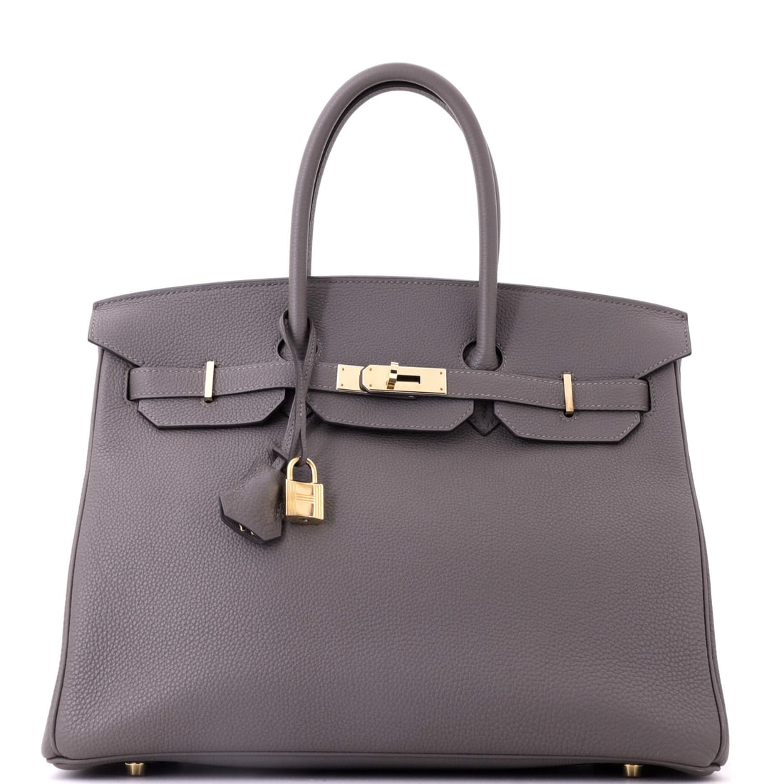 Hermes Birkin Handbag Grey Togo with Gold Hardware: Fourteen inches wide, 10 in high and 7 in deep - a neutral at travel scale, which is the combination that actually gets used rather than admired. Grey Togo with gold hardware. Grade B - Excellent. Mai