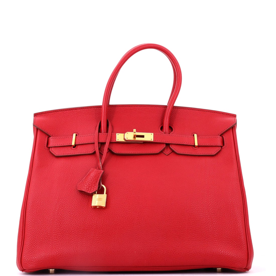 Hermes Birkin Handbag Red Togo with Gold Hardware: Red Togo with gold hardware in the 13.5 in body, 10 in high and 7 in deep. Strong color at large scale, in the leather that carries it without looking heavy. Shows as Grade D - Good. Maison de Beaubig
