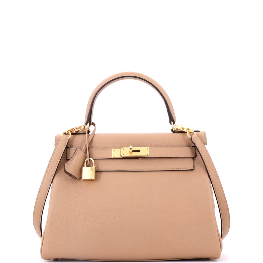 Hermes Kelly Handbag Brown Evercolor with Gold Hardware: Evercolor gives brown a matte, powdery finish that reads very differently from Togo's grain or Swift's shine. Gold hardware warms it. This Kelly measures 11 in wide, 8.5 in high and 4 in deep. Grade B