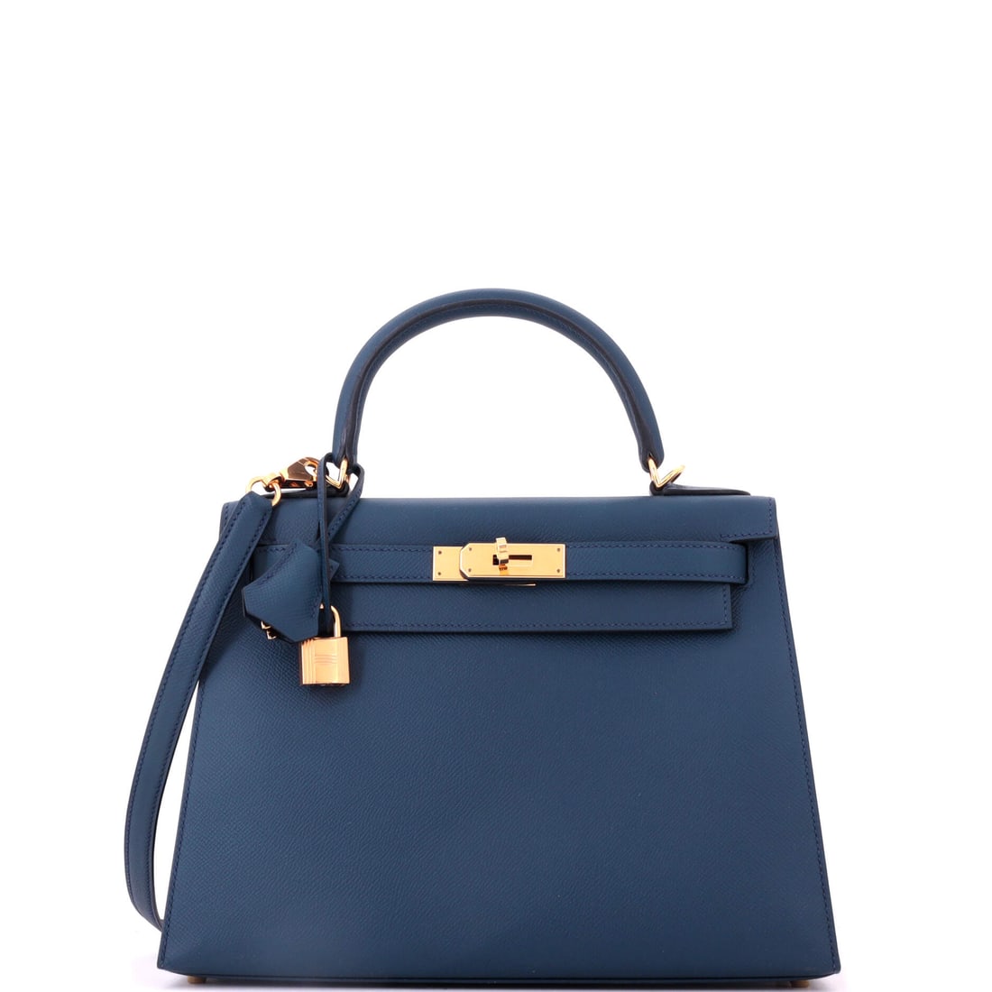Hermes Kelly Handbag Blue Epsom with Gold Hardware: Blue Epsom with gold hardware puts a cool color against warm metal on a Kelly that holds its corners sharply. Eleven and a half inches wide, 8.5 high, 4 deep. Grade B - Excellent. Maison de Beaubigonn