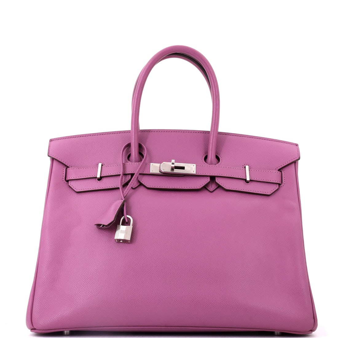 Hermes Birkin Handbag Purple Epsom with Palladium Hardware: Purple Epsom is an uncommon combination, and palladium hardware keeps it from reading theatrical. This Birkin measures 13.5 in wide, 10 in high and 7 in deep. Shows as Grade D - Good. Maison de Beaubi