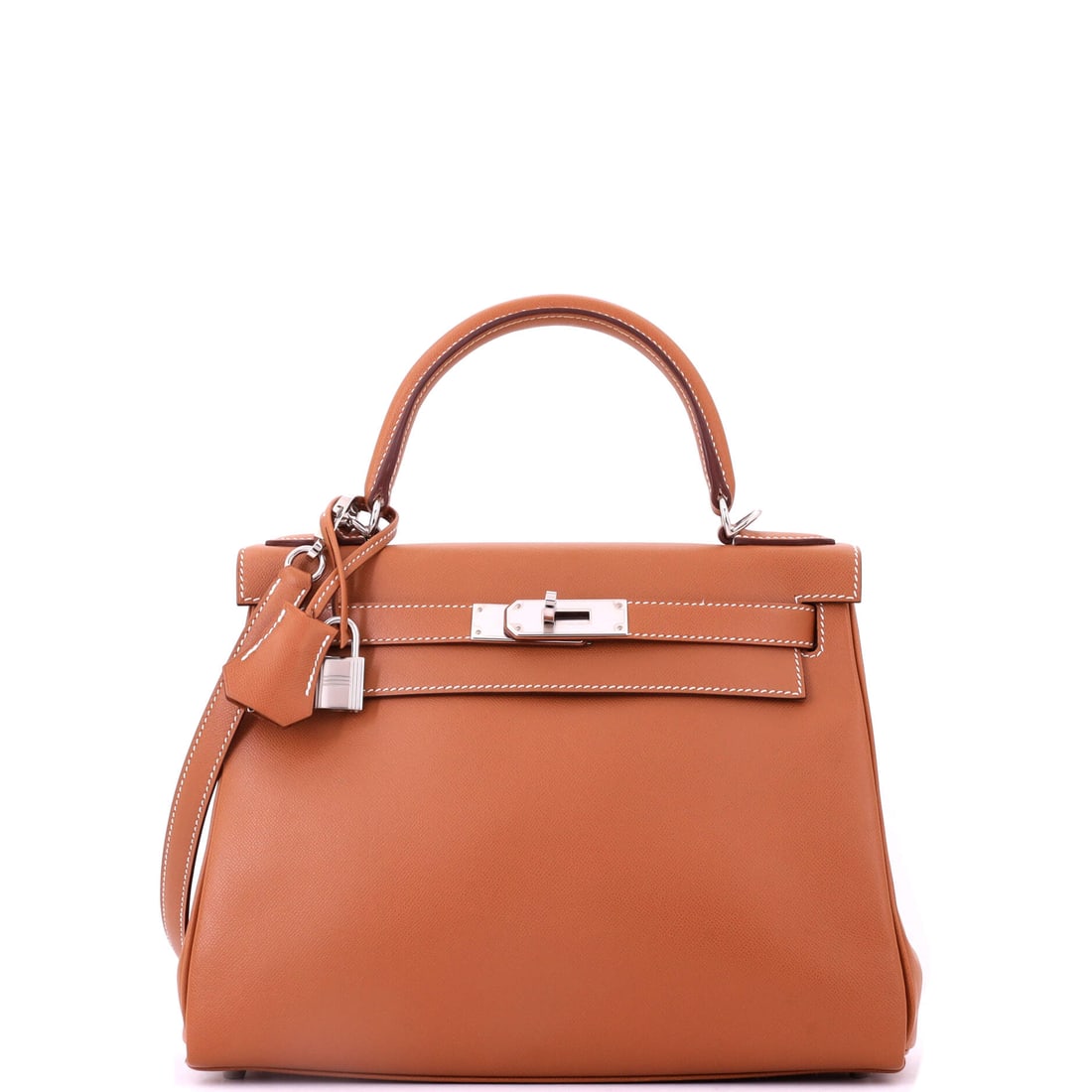 Hermes Kelly Handbag Brown Madame with Palladium Hardware: Madame is rigid and smooth-grained, which gives this Kelly a flatter, more sculptural face than a Togo build. Brown with palladium hardware at 11 in wide, 8.5 in high and 4 in deep. Grade B - Excellen