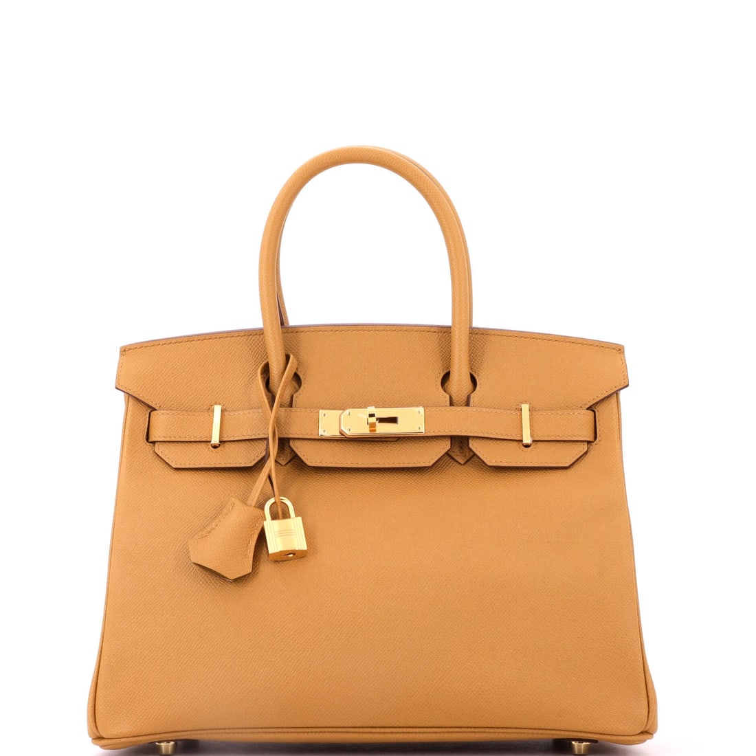 Hermes Birkin Handbag Brown Epsom with Gold Hardware: Epsom gives a Birkin sharper corners and a cleaner face than Togo does at the same size. Brown with gold hardware, 11.5 in wide by 9 in high by 6 in deep. Grade B - Excellent. Maison de Beaubigonne au