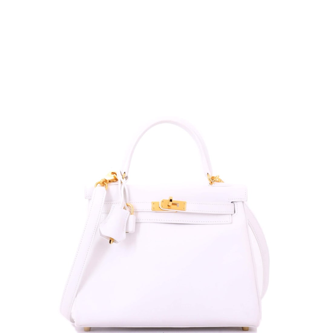 Hermes Kelly Handbag White Swift with Gold Hardware: White is the hardest color Hermes offers to keep well, and Swift is not a forgiving leather, which makes a white Swift Kelly a genuinely difficult find in good order. Gold hardware against the pale bo