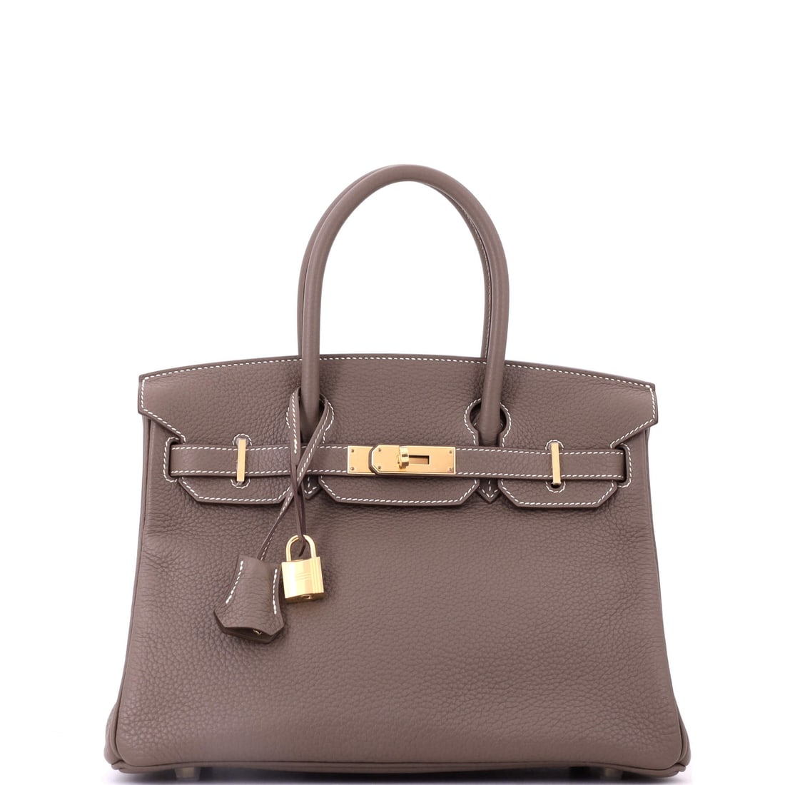Hermes Birkin Handbag Grey Clemence with Gold Hardware: Grey Clemence gives a Birkin softness at the sides and a matte, slightly chalky finish that Togo does not produce. Gold hardware warms it back up. Measures 11.5 in wide, 9 in high, 6 in deep. Grade B 