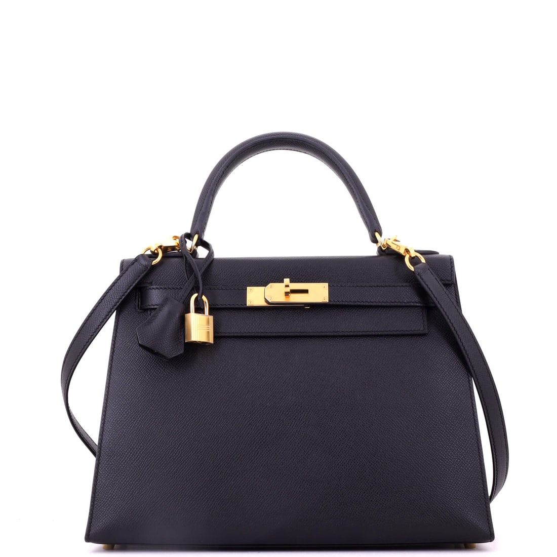 Hermes Kelly Handbag Black Epsom with Gold Hardware: Nothing about a black Epsom Kelly with gold hardware needs to be argued for. Crisp corners, warm plating, standard capacity at 11.5 in wide. Eight and a half inches high, 4 deep. Grade B - Excellent. 