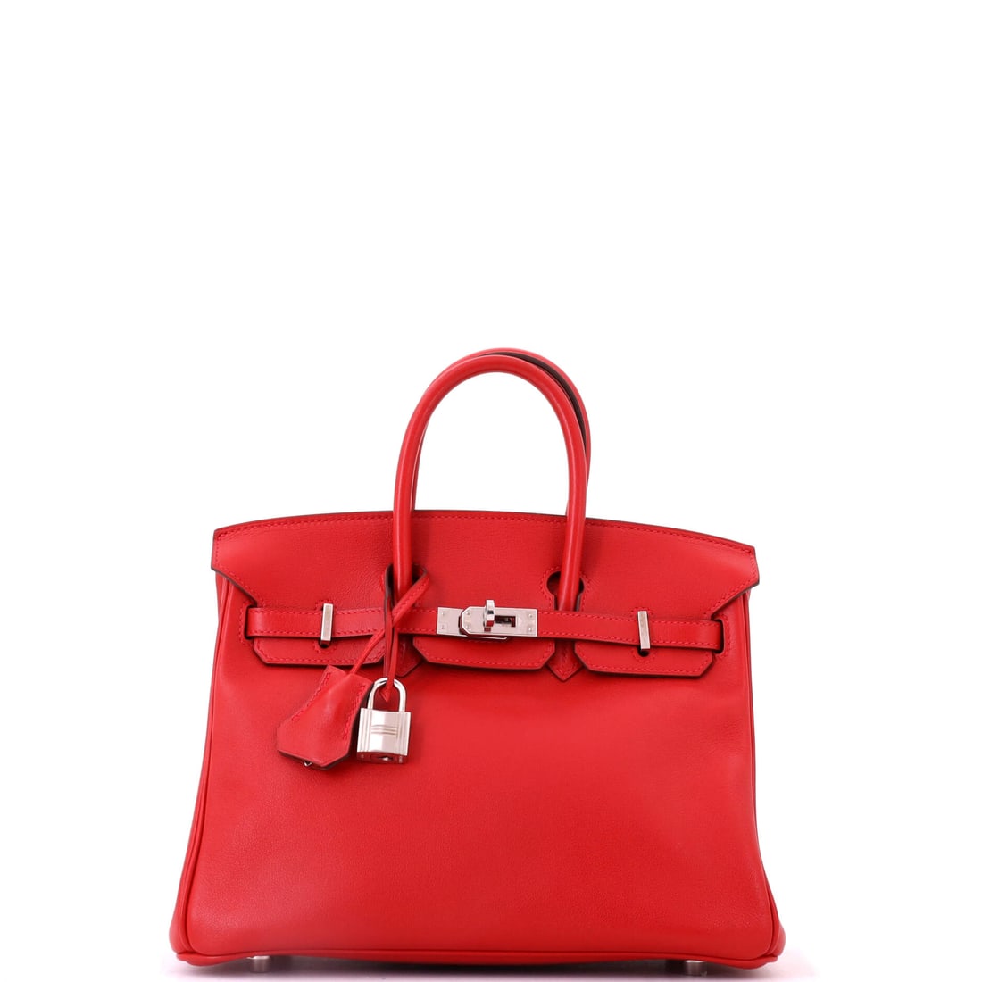 Hermes Birkin Handbag Red Swift with Palladium Hardware: Red Swift takes the color deeper than Togo would, and at 9.5 in wide the smaller Birkin body concentrates it. Palladium hardware keeps the metal from adding further warmth. Eight inches high, 5 deep. 