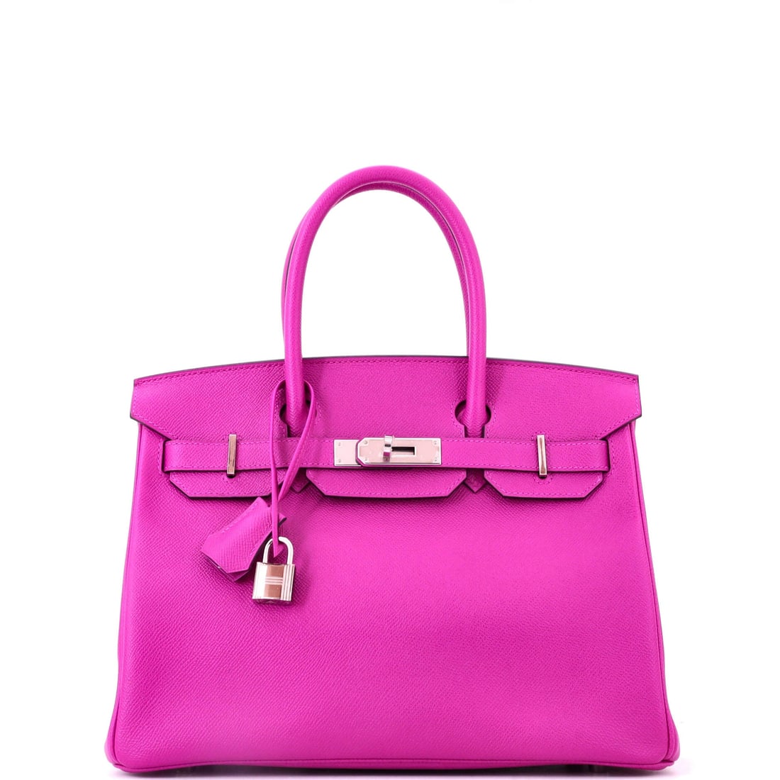 Hermes Birkin Handbag Pink Epsom with Palladium Hardware: Pink Epsom with palladium hardware at full size - 11.5 in wide, 9 in high, 6 in deep. Epsom is what keeps a pink Birkin looking sharp rather than soft. Grade B - Excellent. Maison de Beaubigonne authe