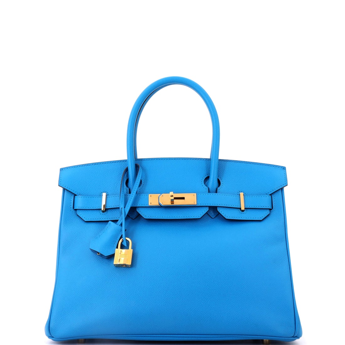 Hermes Birkin Handbag Blue Epsom with Gold Hardware: Blue Epsom with gold hardware in the 12 in Birkin. The embossed grain holds the color evenly across large panels, and gold warms the cool tone. Nine inches high, 6 deep. Grade B - Excellent. Maison de