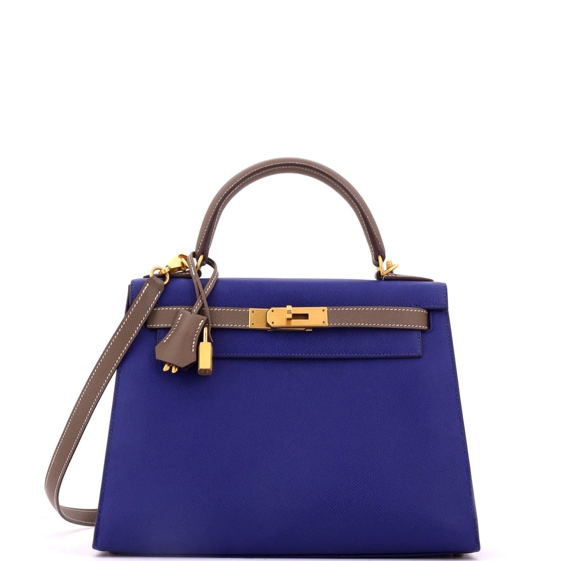 Hermes Kelly Handbag Bicolor Epsom with Brushed Gold Hardware: Bicolor Epsom with brushed gold hardware is a double rarity - two colors across the body and a matte plating finish instead of the standard mirror. This Kelly measures 11 in wide, 8.5 in high and 4 in