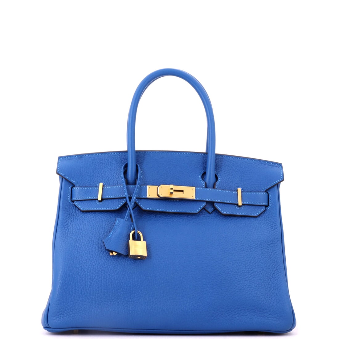 Hermes Birkin Handbag Blue Clemence with Gold Hardware: Blue Clemence falls softer than Togo and gives the Birkin rounded rather than squared sides. Gold hardware adds the warmth the cool color lacks. Eleven and a half inches wide, 9 high, 6 deep. Grade B 