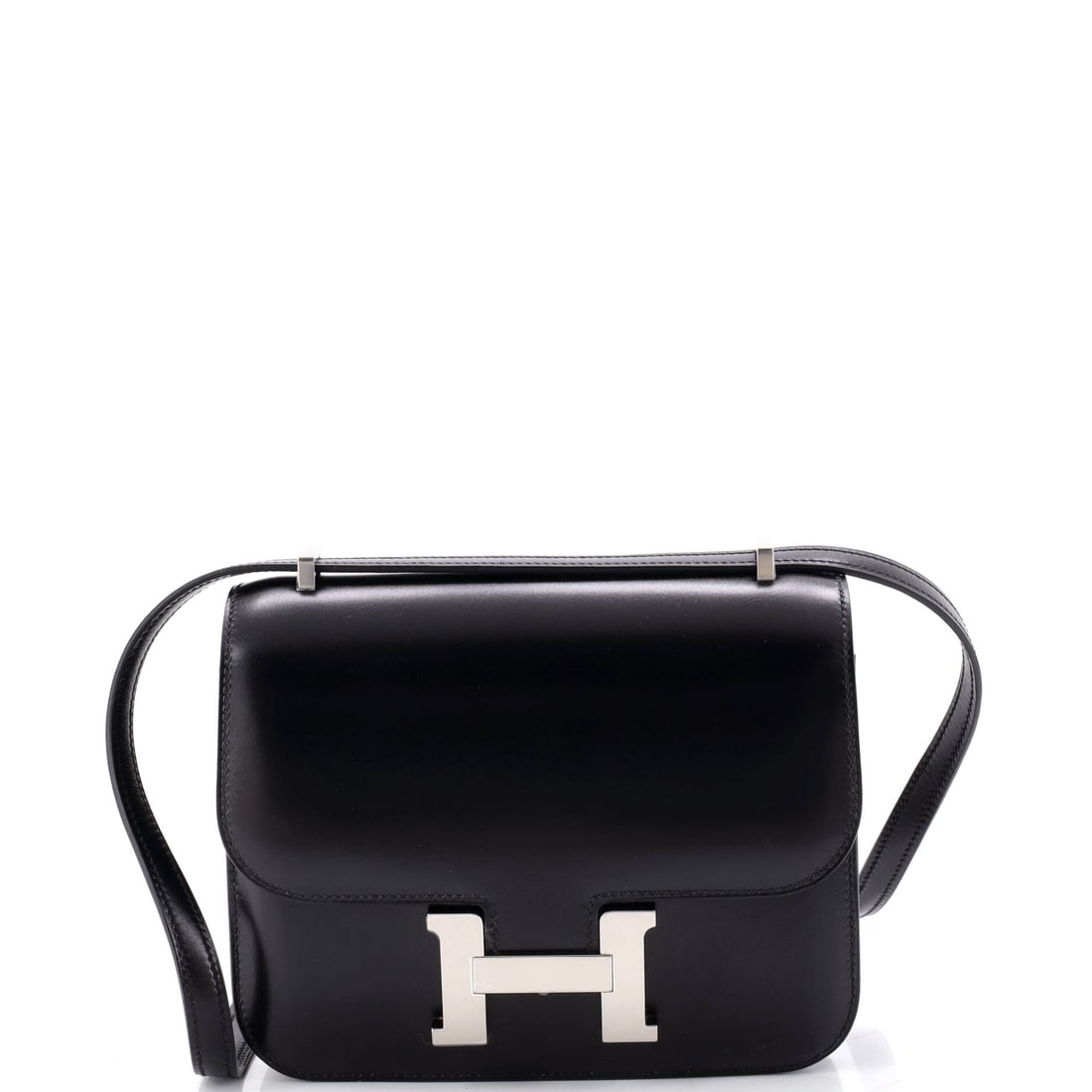 Hermes Constance NM Bag Box Calf: Small Constance NM in box calf, 7 in wide by 6 in high by 2 in deep. Glossy, flat and entirely about the H clasp on the front. Grade B - Excellent. Maison de Beaubigonne authenticity guaranteed.
