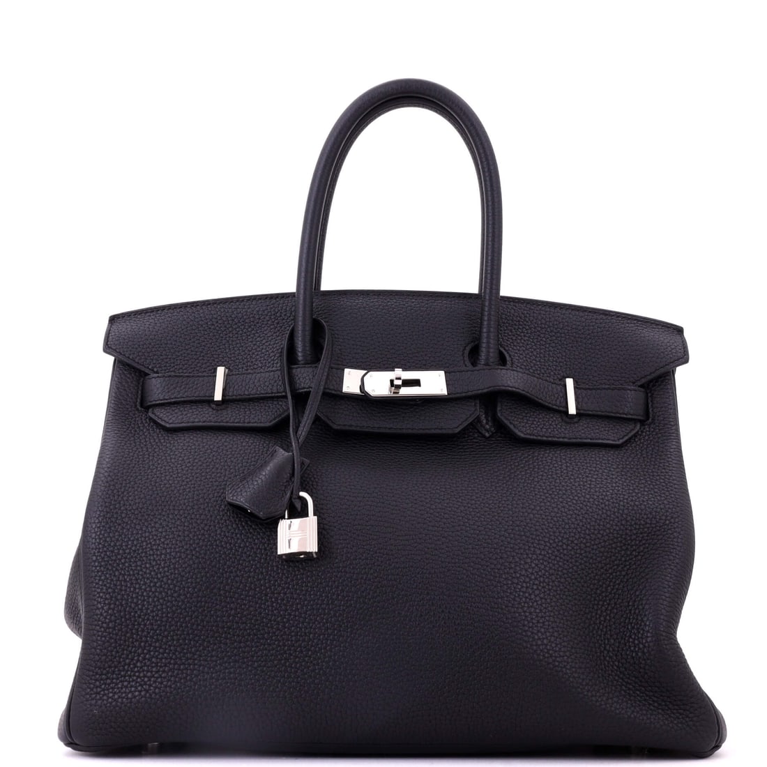 Hermes Birkin Handbag Black Clemence with Palladium Hardware: Clemence at 14 in wide gives a Birkin its softest large-format stance, with sides that relax rather than stand rigid. Black with palladium hardware, 10 in high and 7 in deep. Grade B - Excellent. Mais