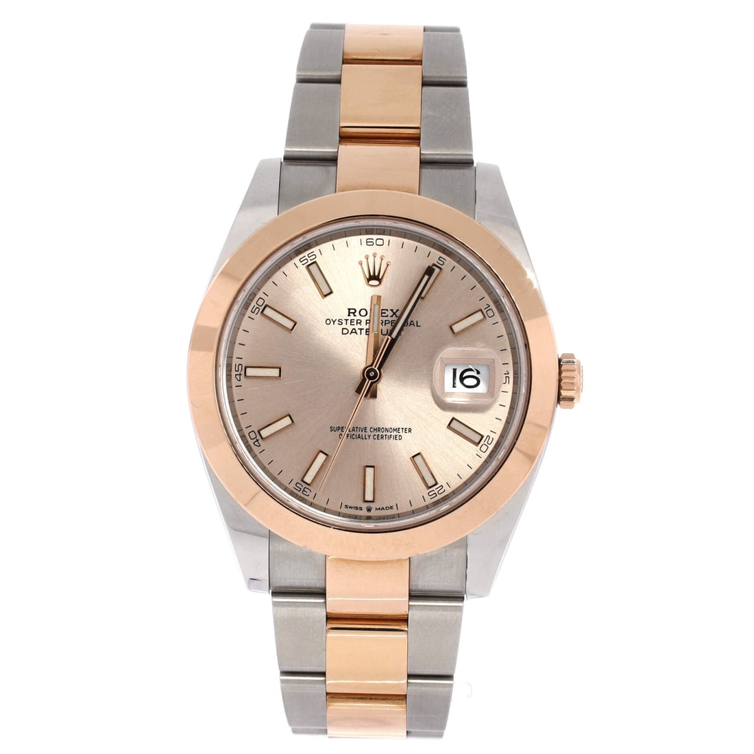 Rolex Oyster Perpetual Datejust Automatic Watch Stainless Steel and Rose Gold: Steel and rose gold on a 41mm Datejust is the modern proportion of the reference, larger on the wrist than the classic 36 and warmer than the yellow gold two-tone. Fluted bezel, Cyclops date and the s