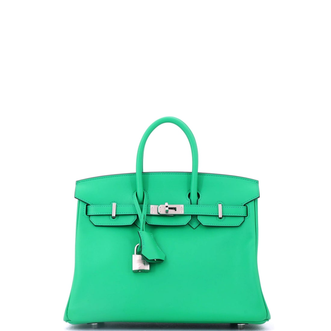 Hermes Birkin Handbag Green Swift with Palladium Hardware: Green Swift on a Birkin is a specification collectors watch for, since Swift's dye depth makes the color read considerably richer than it would on grained leather. Palladium hardware on the smaller 9.