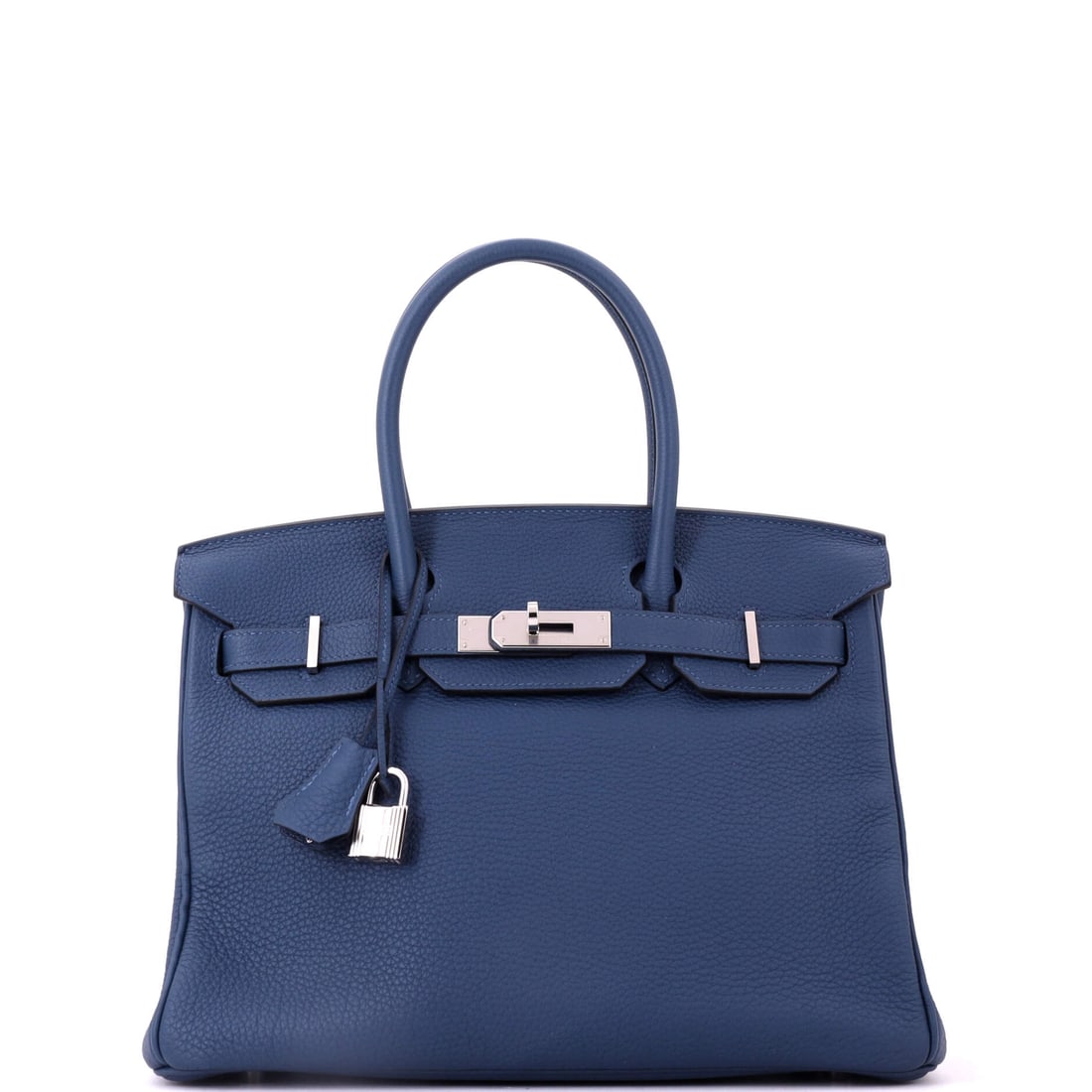 Hermes Birkin Handbag Blue Togo with Palladium Hardware: Blue Togo with palladium hardware at 11.5 in wide - a cool, grained Birkin at full daily capacity. Nine inches high, 6 deep. Grade B - Excellent. Maison de Beaubigonne authenticity guaranteed.
