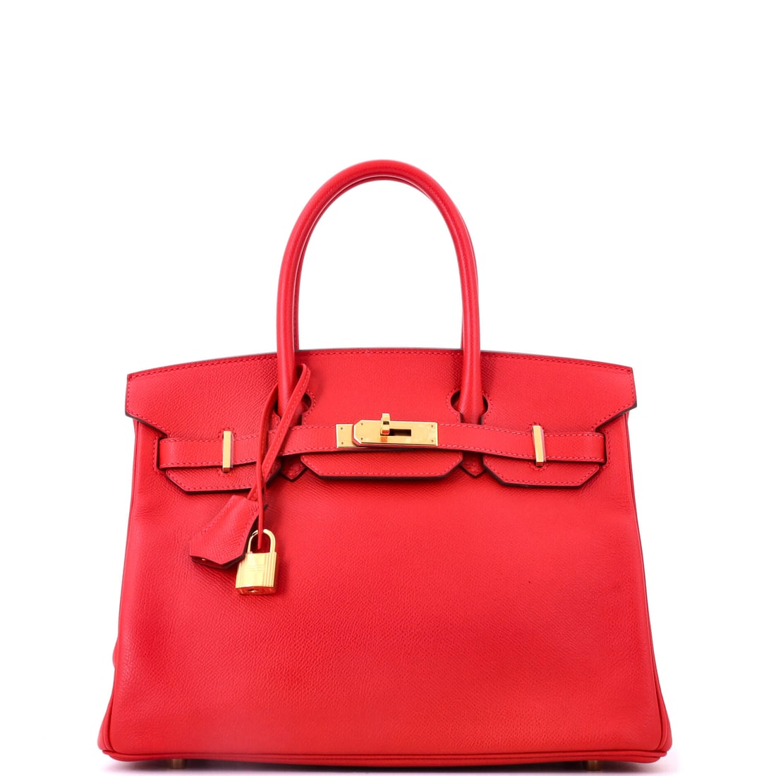 Hermes Birkin Handbag Red Epsom with Gold Hardware: Red Epsom with gold hardware in the 12 in Birkin. Epsom holds red at full intensity better than any softer calfskin, and gold plating is the traditional match. Nine inches high, 6 deep. Grade B - Exce