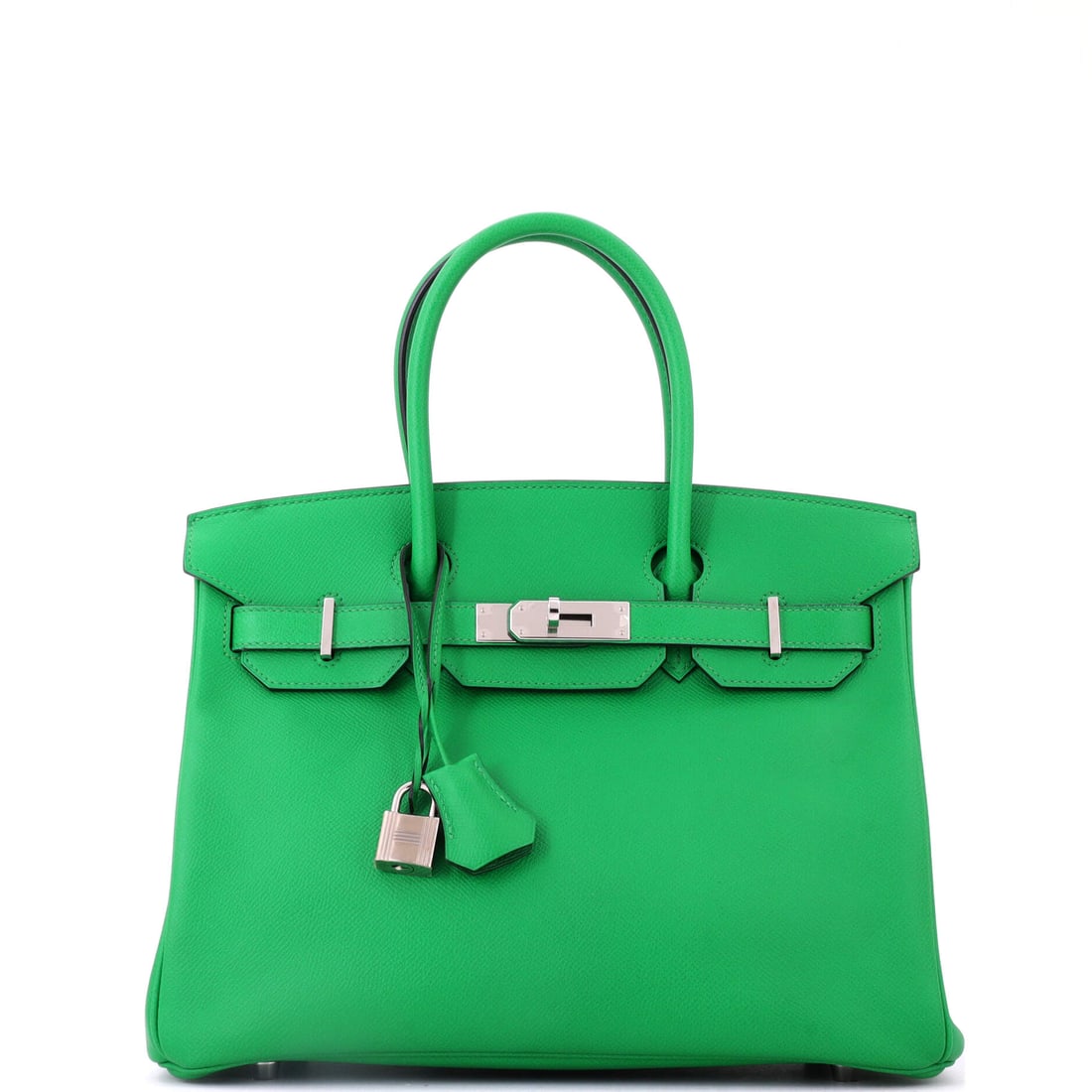 Hermes Birkin Handbag Green Epsom with Palladium Hardware: Green Epsom with palladium hardware in the full-size Birkin. The embossed grain holds the color cleanly across 11.5 in of width, and cool plating keeps it sharp. Nine inches high, 6 deep. Grade B - Ex