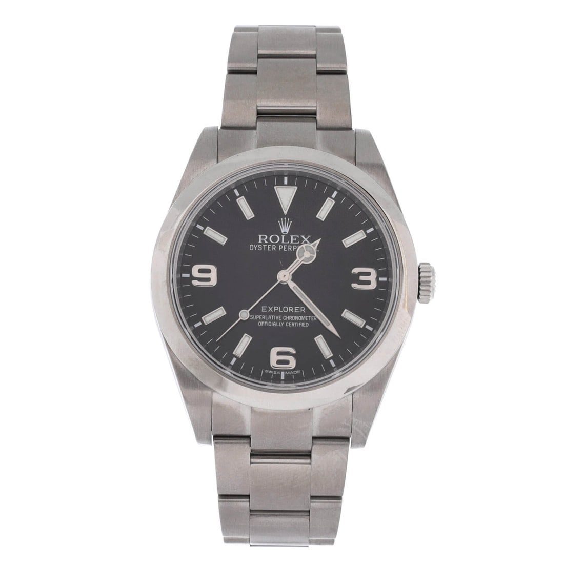 Rolex Oyster Perpetual Explorer Automatic Watch Stainless Steel: The Explorer is Rolex at its most stripped-back - a black dial, 3-6-9 numerals and nothing else to read. At 39mm in steel it is the size the reference spent most of its life at, and the one collectors