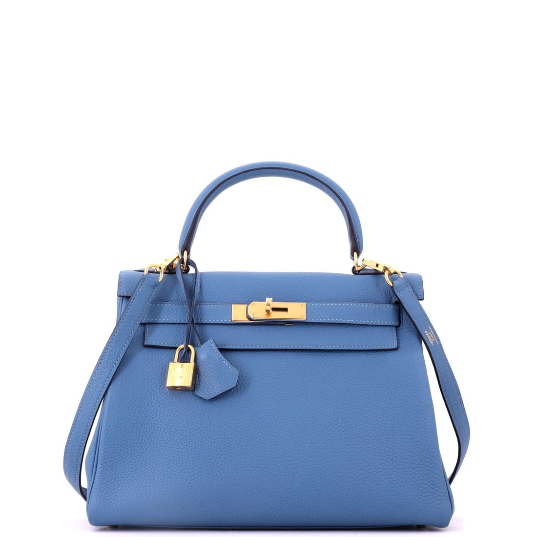 Hermes Kelly Handbag Blue Togo with Gold Hardware: Blue Togo with gold hardware in the 11 in Kelly. The grain keeps the color from going flat and the warm plating keeps it from going cold. Eight and a half inches high, 4 deep. Grade B - Excellent. Mai