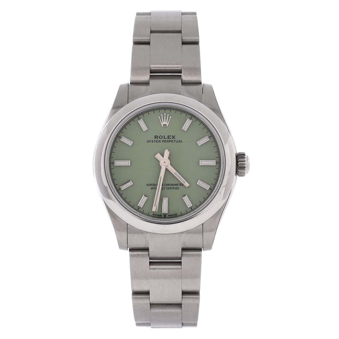 Rolex Oyster Perpetual Pistachio Green Automatic Watch Stainless Steel: Pistachio green is one of the pastel Oyster Perpetual dials Rolex released in limited numbers, and demand for them has consistently outrun supply. At 31mm the case is small enough that the dial is the