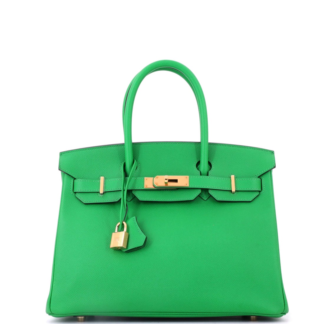 Hermes Birkin Handbag Green Epsom with Gold Hardware: Green Epsom with gold hardware at 11.5 in wide. The full-size Birkin body in a color that has moved from seasonal to permanent in bidder demand. Nine inches high, 6 deep. Grade B - Excellent. Maison d