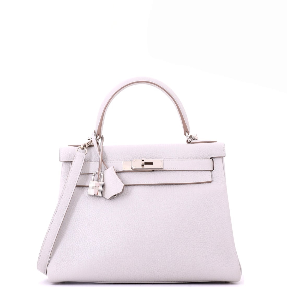 Hermes Kelly Handbag Grey Clemence with Palladium Hardware: Grey Clemence with palladium hardware gives this Kelly a softer fall and a matte finish that Epsom cannot produce. It measures 10.5 in wide, 8.5 in high and 4 in deep, with a 4 in handle drop and 17.5