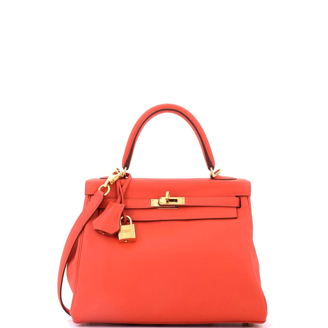 Hermes Kelly Handbag Orange Swift with Gold Hardware: Orange is the house color and Swift is the leather that takes it deepest - the combination is louder in person than it looks in a listing. Gold hardware on the 9.5 in Kelly body, 8 in high and 4 in de