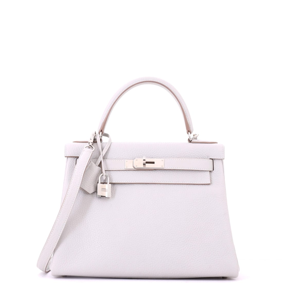Hermes Kelly Handbag Grey Clemence with Palladium Hardware: Grey Clemence gives a Kelly weight and drape rather than rigidity, and palladium hardware keeps the tone cool throughout. Ten and a half inches wide, 8.5 high, 4 deep, with a 17.5 in strap drop. Grade