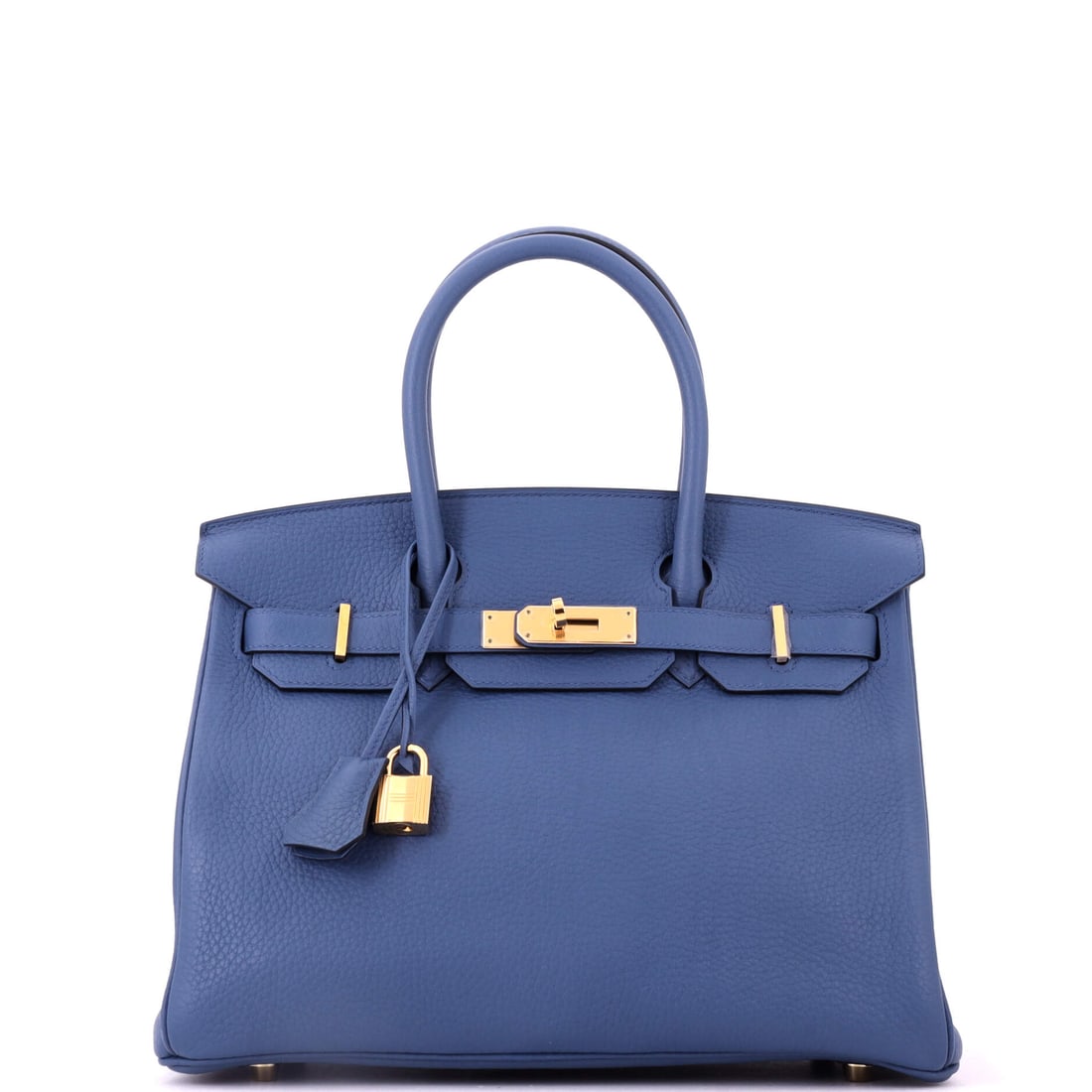 Hermes Birkin Handbag Blue Clemence with Gold Hardware: Blue Clemence falls softer than Togo and gives the Birkin a rounded profile at the sides. Gold hardware warms the cool color. Eleven and a half inches wide, 9 high, 6 deep. Grade B - Excellent. Maison