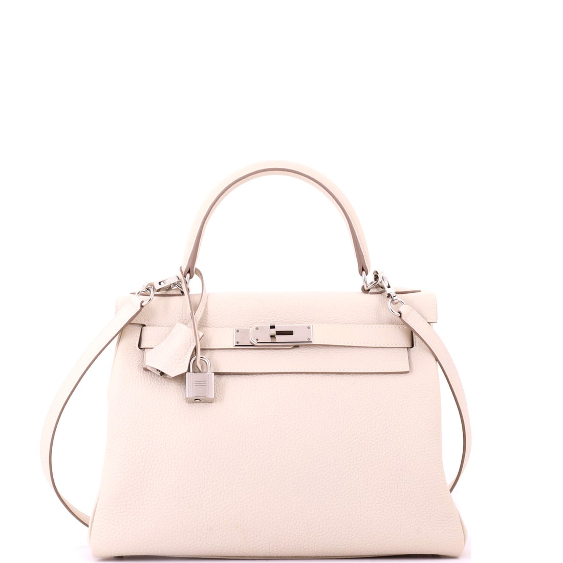 Hermes Kelly Handbag Light Togo with Palladium Hardware: Light Togo with palladium hardware at 11 in wide - a pale Kelly kept cool by silver-tone plating and protected by the grain of the leather. Eight and a half inches high, 4 deep. Grade B - Excellent. M