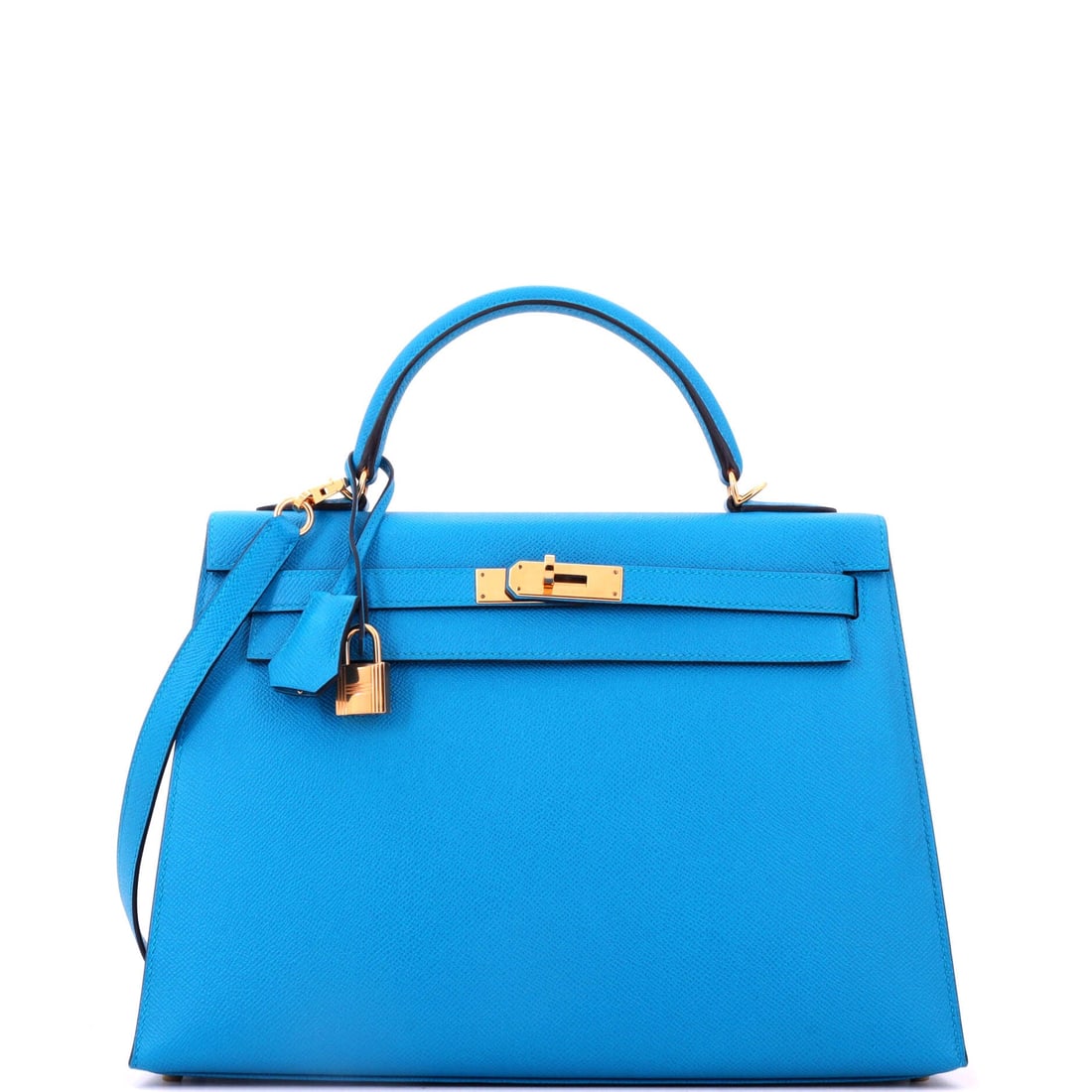 Hermes Kelly Handbag Blue Epsom with Gold Hardware: The wider 13 in Kelly carries differently from the standard proportions and suits a taller frame. Blue Epsom with gold hardware, 9 in high and 4.5 in deep. Grade B - Excellent. Maison de Beaubigonne