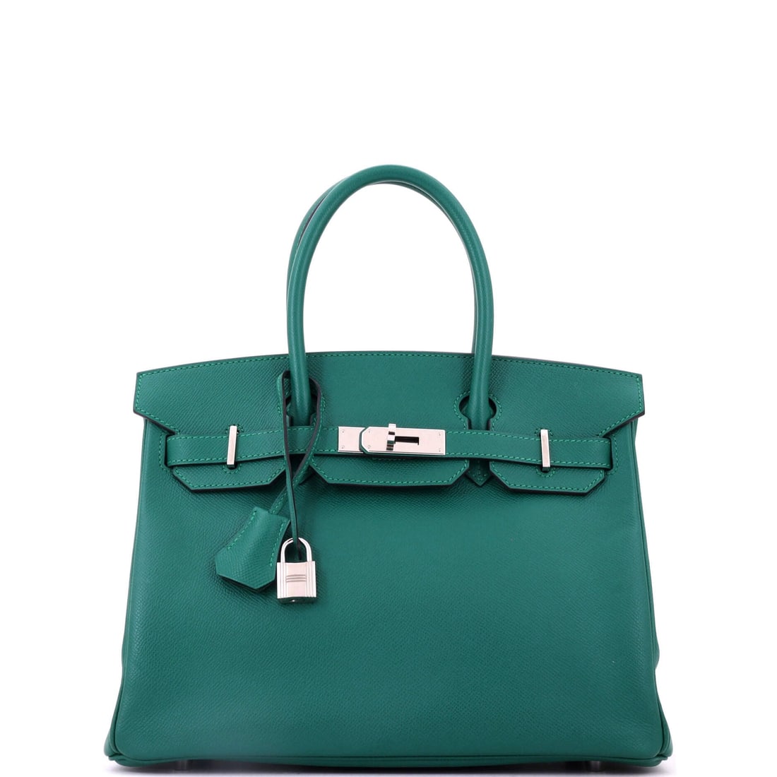 Hermes Birkin Handbag Green Epsom with Palladium Hardware: Structure from the leather, coolness from the plating, and a color with a deep bidder base - the full 11.5 in Birkin body. Nine inches high, 6 deep. Grade B - Excellent. Maison de Beaubigonne authenti