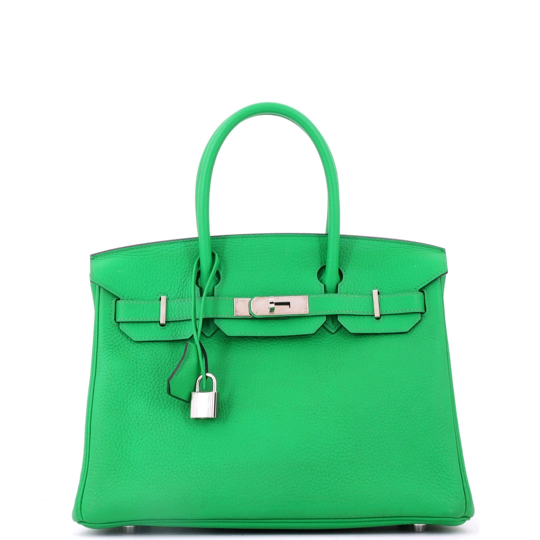 Hermes Birkin Handbag Green Clemence with Palladium Hardware: Green Clemence has a softer, more matte character than Epsom, so the color reads deeper and the sides fall rather than stand. Palladium hardware at 11.5 in wide, 9 in high and 6 in deep. Grade B -