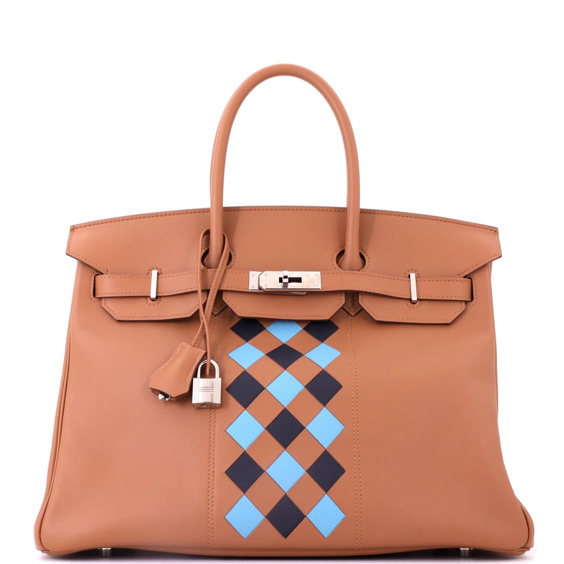 Hermes Birkin Handbag Tressage Brown Swift and Palladium Hardware: Tressage is Hermes weaving strips of leather into the body panel, and it is one of the most labor-intensive treatments the house applies to a Birkin. Brown Swift with palladium hardware at 14 in