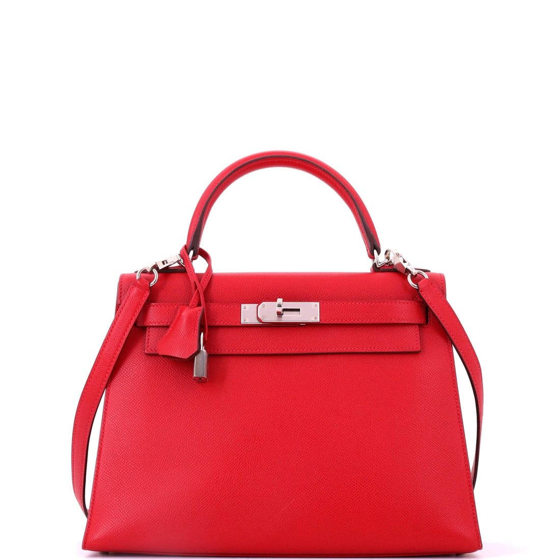 Hermes Kelly Handbag Red Epsom with Palladium Hardware: Red Epsom with palladium hardware in the 11.5 in Kelly. Cool metal against a warm color is the sharper of the two options, and Epsom holds red without dulling. Eight and a half inches high, 4 deep. Gr
