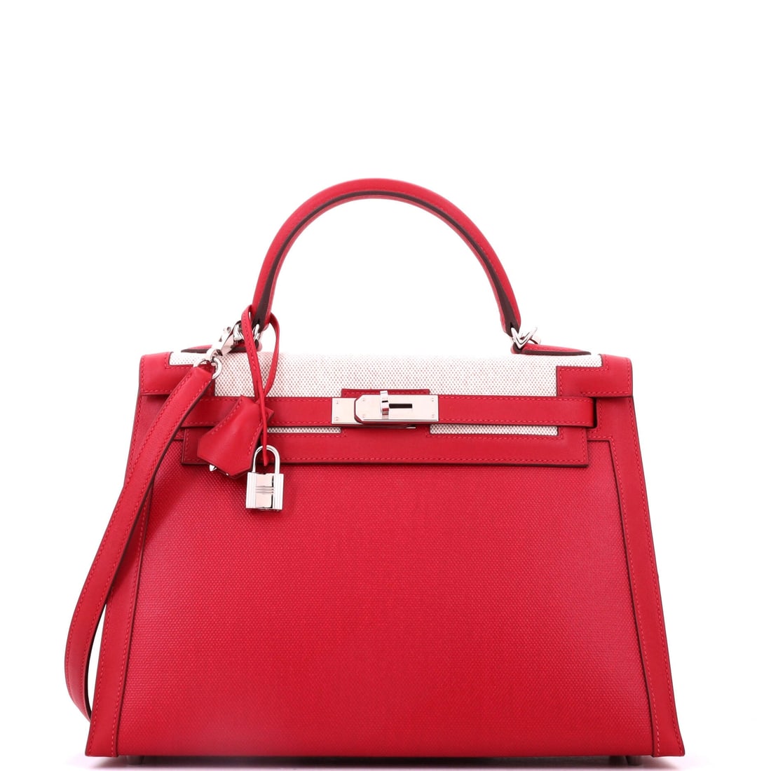 Hermes Kelly Handbag Red Berline Vache Canvas with Swift and Toile with Palladium Hardware: The Berline is one of the more unusual Kelly variants, combining vache canvas with Swift and toile across the body rather than working in a single leather. Red against the natural canvas makes the