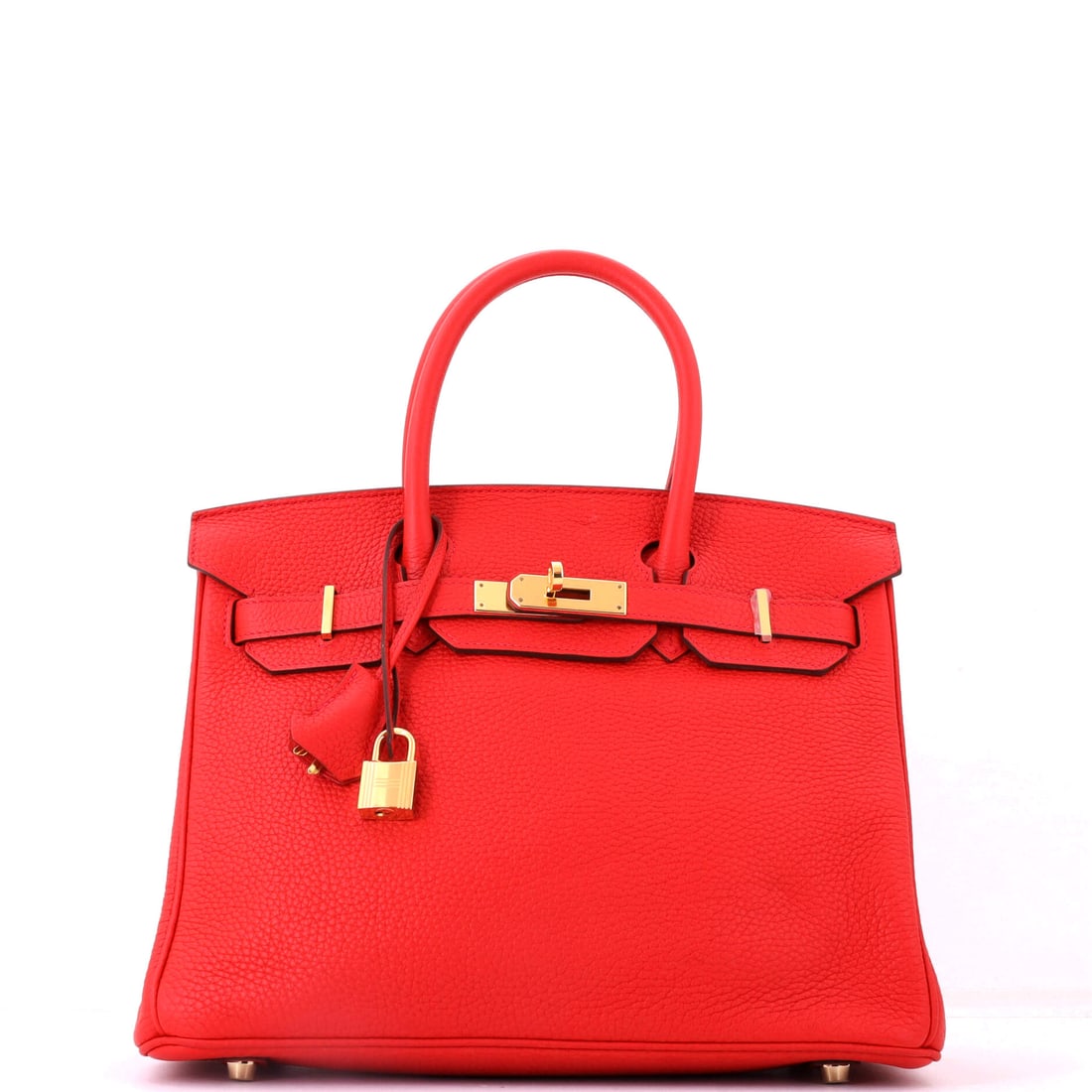 Hermes Birkin Handbag Red Togo with Gold Hardware: Red Togo with gold hardware at 11.5 in wide. The grain softens the intensity of the color slightly, which is what makes this the more wearable of the red Birkin options. Nine inches high, 6 deep.
