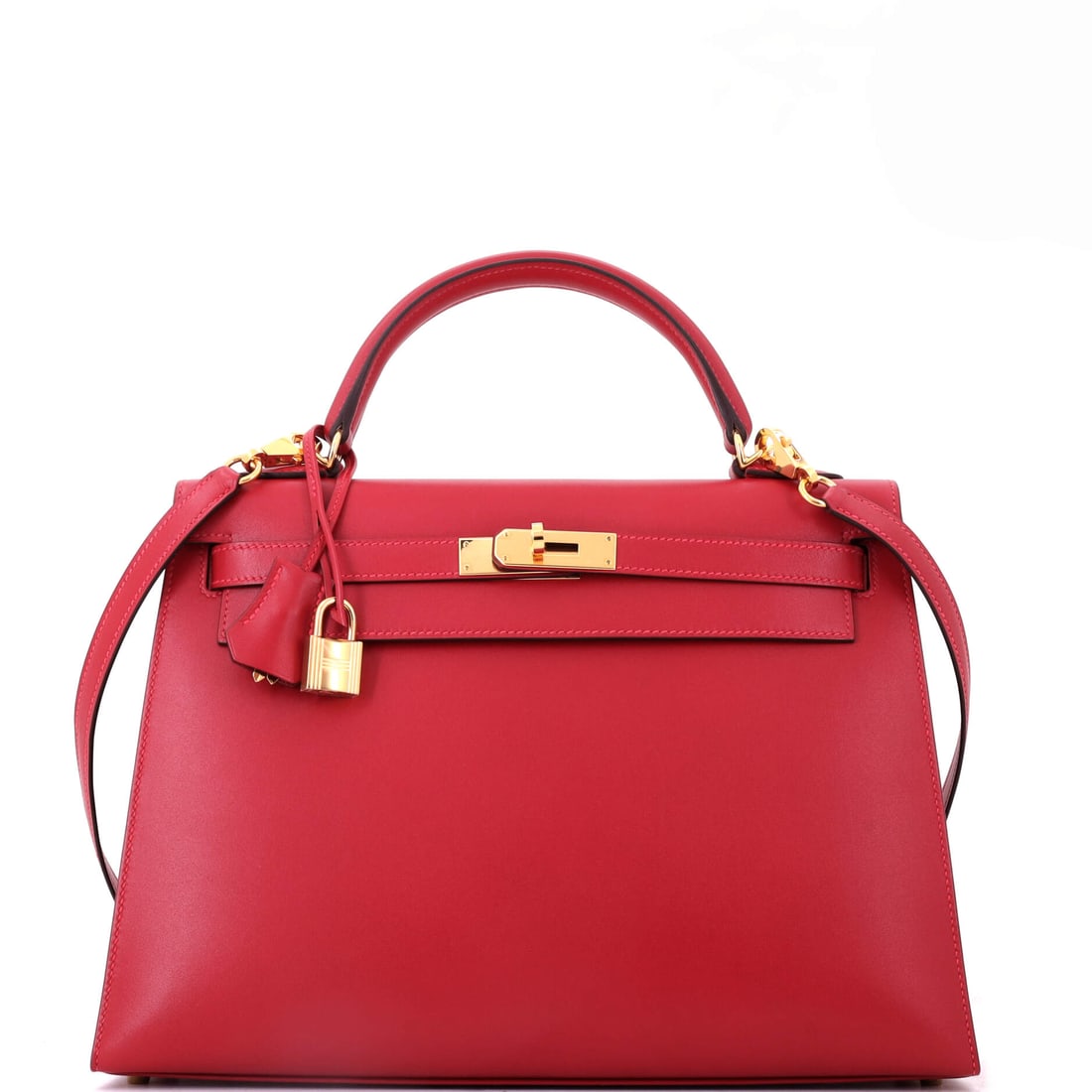 Hermes Kelly Handbag Red Tadelakt with Gold Hardware: Tadelakt is a smooth matte calf Hermes reserves for limited production, and red across that surface goes deep and slightly velvety rather than glossy. Gold hardware on a 12.5 in body, 9 in high and 5 