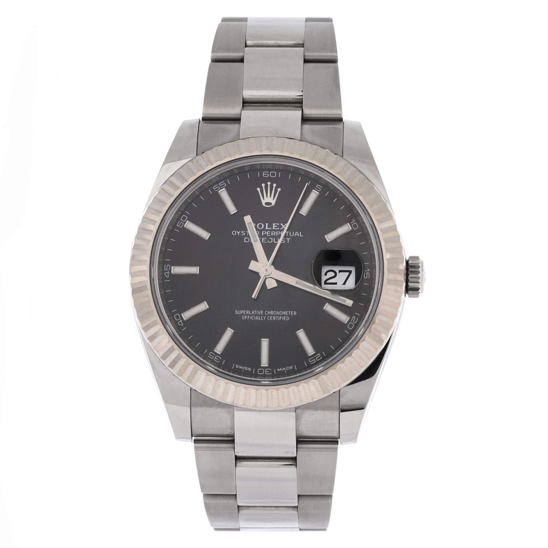Rolex Oyster Perpetual Datejust Automatic Watch Stainless Steel and White Gold: At 41mm the Datejust wears as a modern watch rather than a period one, and the white gold fluted bezel adds weight to the profile without adding color. Steel case and bracelet, automatic movement, 12m