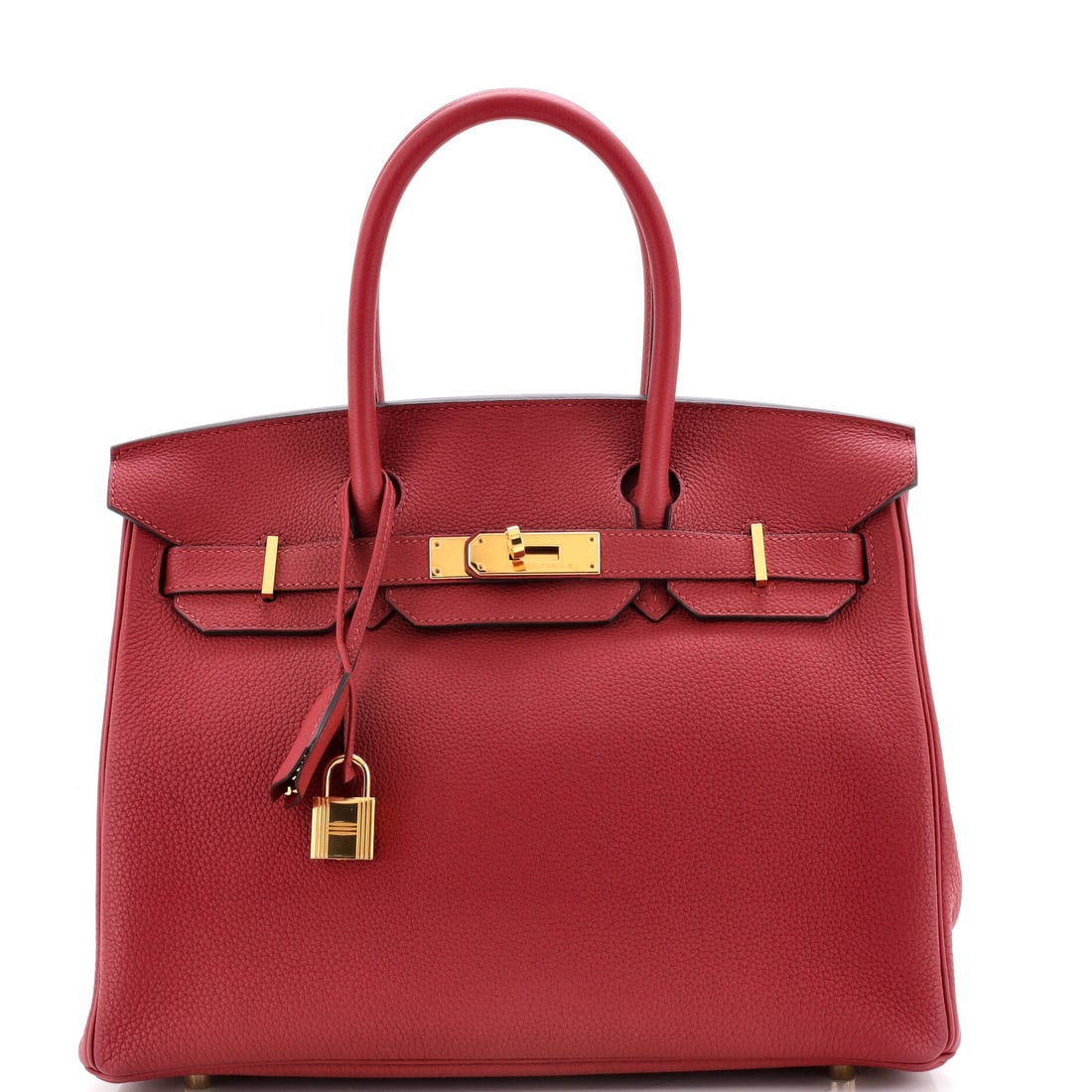 Hermes Birkin Handbag Red Togo with Gold Hardware: Red Togo with gold hardware in the full-size Birkin, 11.5 in wide by 9 in high by 6 in deep. Strong color on the most durable leather Hermes uses at this scale. Grade B - Excellent. Maison de Beaubigo