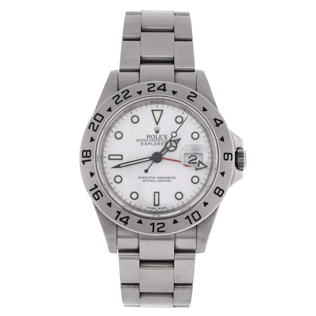 Rolex Oyster Perpetual Explorer II Automatic Watch Stainless Steel: The 40mm Explorer II is the more compact version of the reference, and the 24-hour hand and fixed bezel are what separate it from every other steel Rolex sports watch. Stainless steel case and bracele