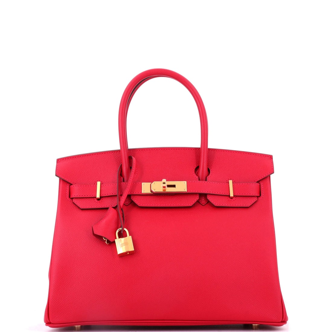 Hermes Birkin Handbag Red Epsom with Gold Hardware: Red Epsom with gold hardware in the 11.5 in Birkin. Epsom is what keeps a red bag looking sharp instead of soft, and gold plating is the pairing the color has always taken best. Nine inches high, 6 de