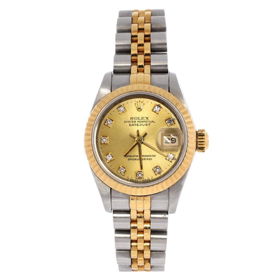 Rolex Oyster Perpetual Datejust Automatic Watch Stainless Steel and Yellow Gold with Diamond Markers: Steel and yellow gold at 26mm with diamond hour markers - the Datejust at its most decorative, and the size that has always been bought as jewelry first. The fluted gold bezel does most of the work. A