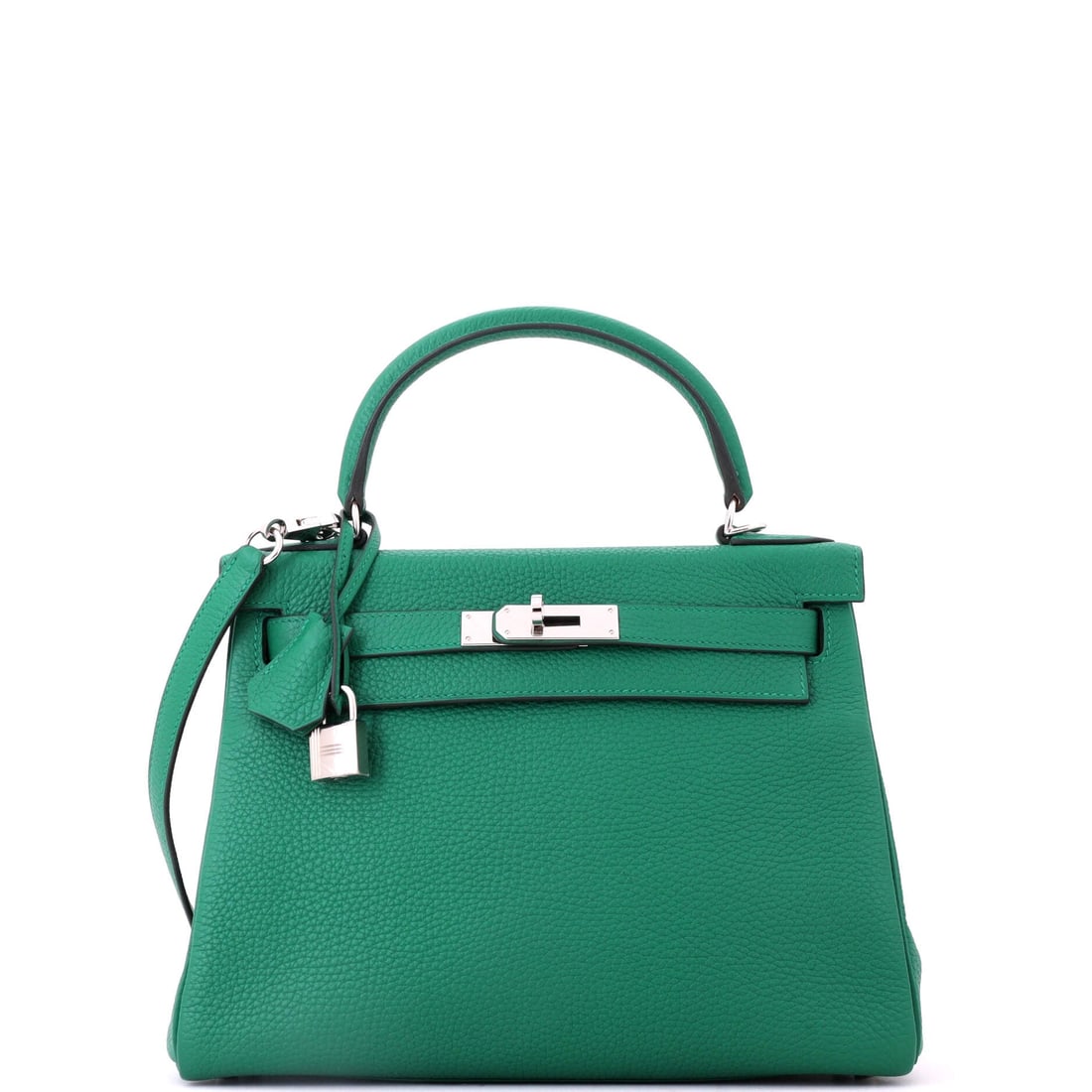 Hermes Kelly Handbag Green Togo with Palladium Hardware: Green Togo with palladium hardware at 10.5 in wide. Cool plating against a color with real depth, on the leather that handles daily wear best. Eight and a half inches high, 4 deep. Grade B - Excellent